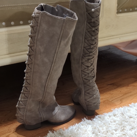 Fergie Taupe Over the Knee Lace-Up Boots - Picture 2 of 5